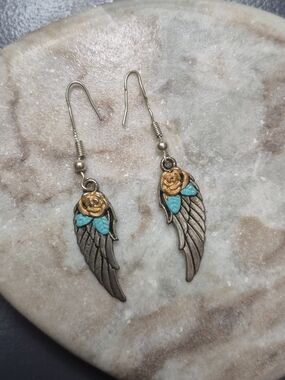 Silver-Wing & Turquoise Rose Boho Drop Earrings